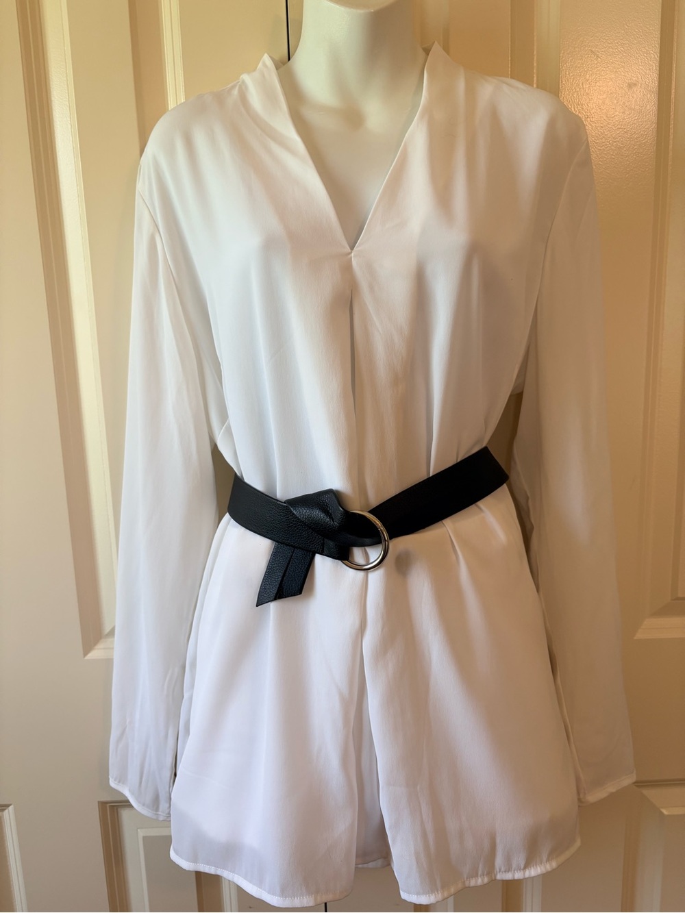 White V-Neck Long Sleeve sheer blouse, belt not included, size XL